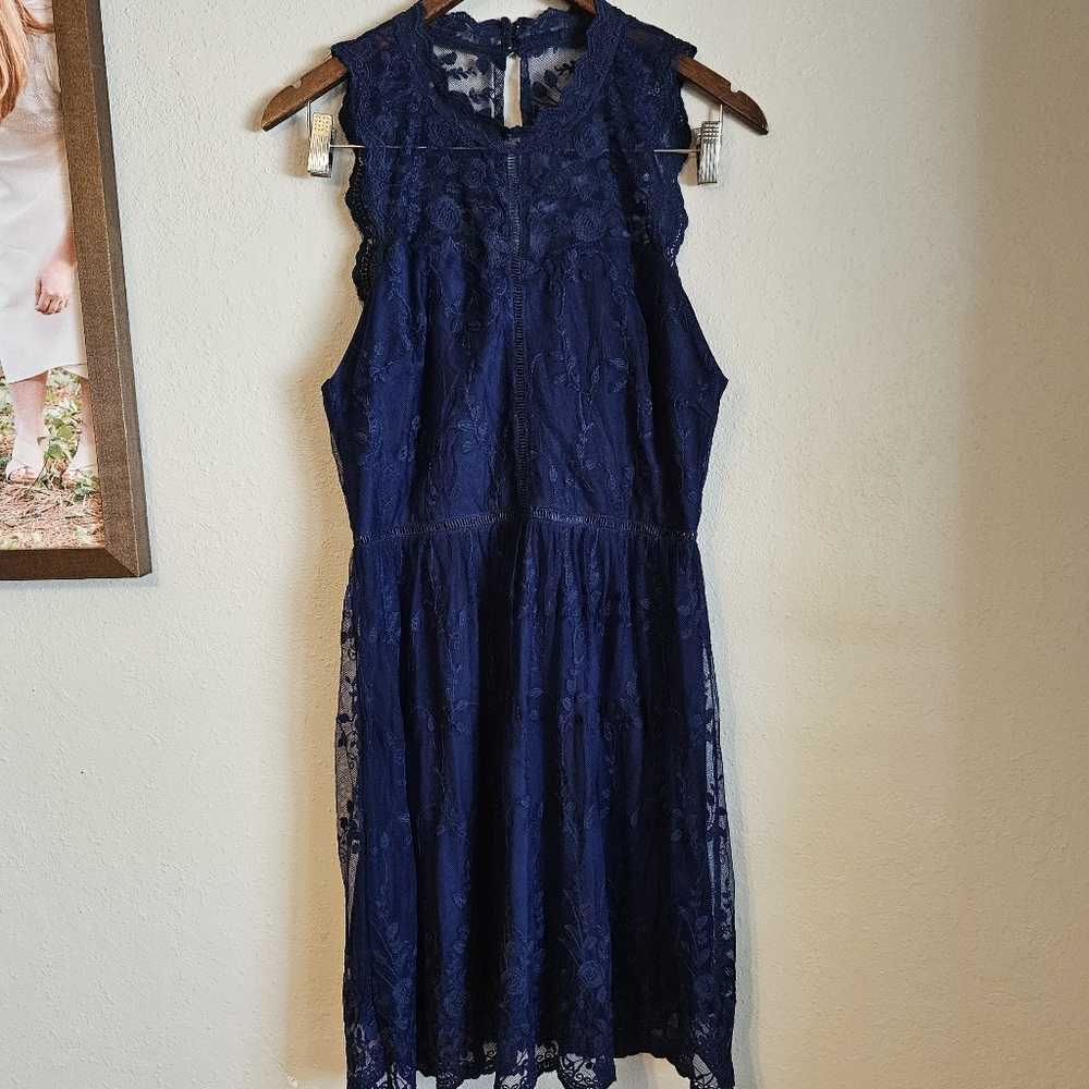 Francescas Blue Lace High Neck Sleeveless Dress Sz M NWT
